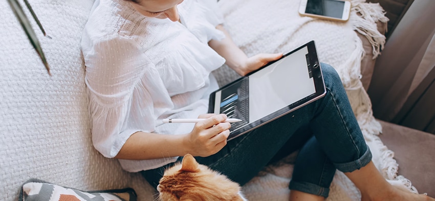 woman working at home online