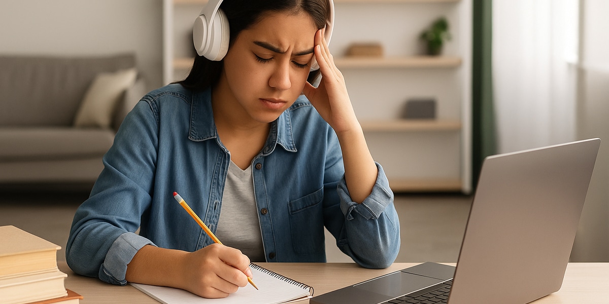 Calgary teen studying with headphones at home while managing school stress