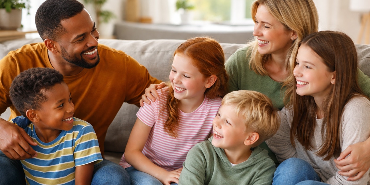 Blended family smiling together in bright Calgary home setting